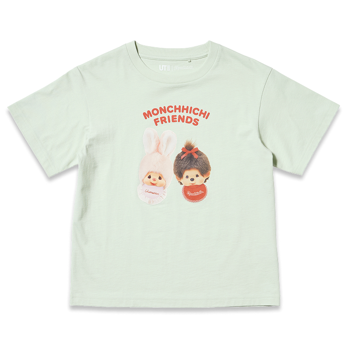 うさぎの女の子「チムたん」とモンチッチちゃんがフロントに仲良く描かれた1枚。淡いボディカラーで可愛いTシャツです。 BACK