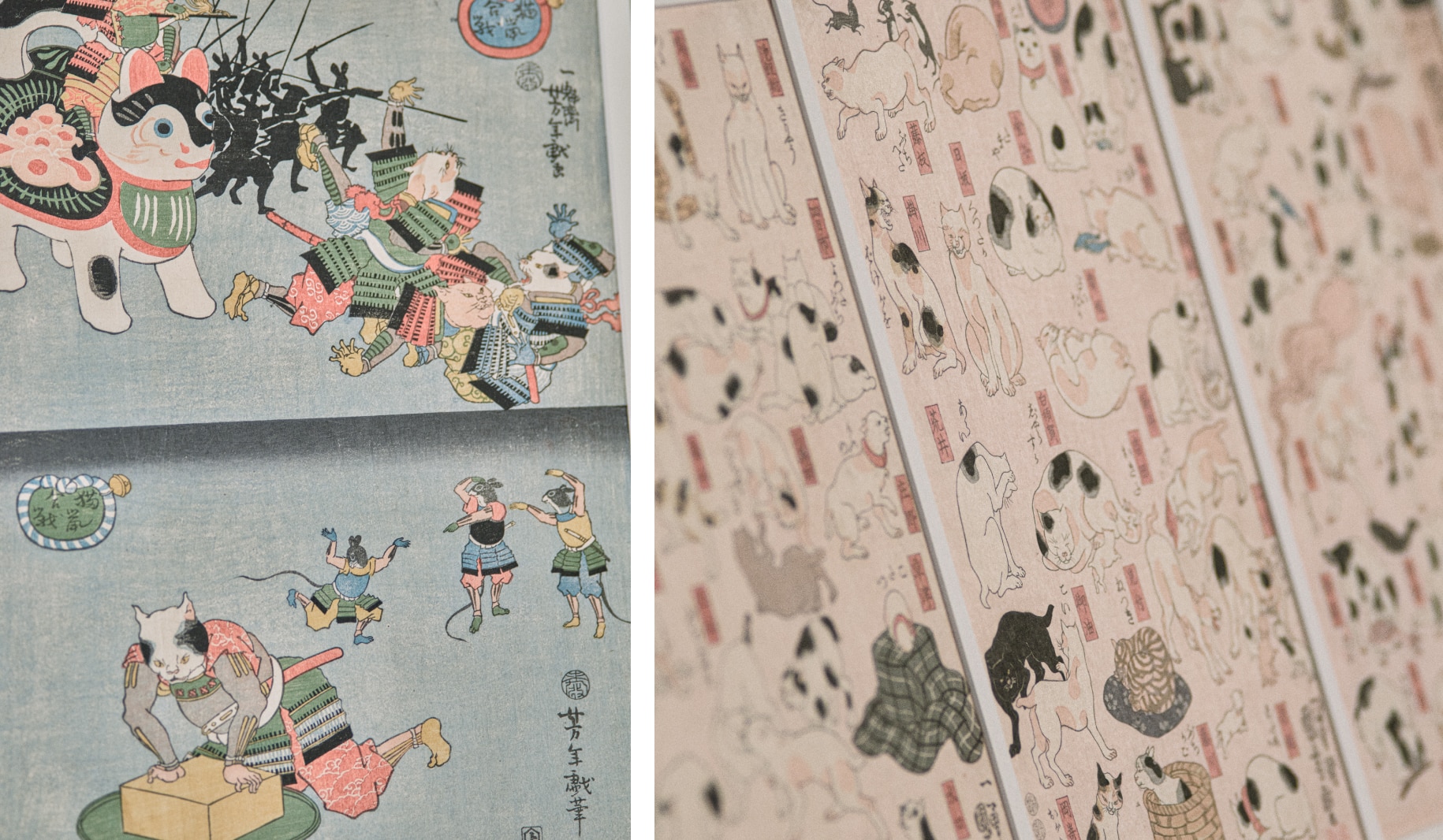 左：月岡芳年『猫鼠合戦』より。右：歌川国芳『猫飼好五十三疋』