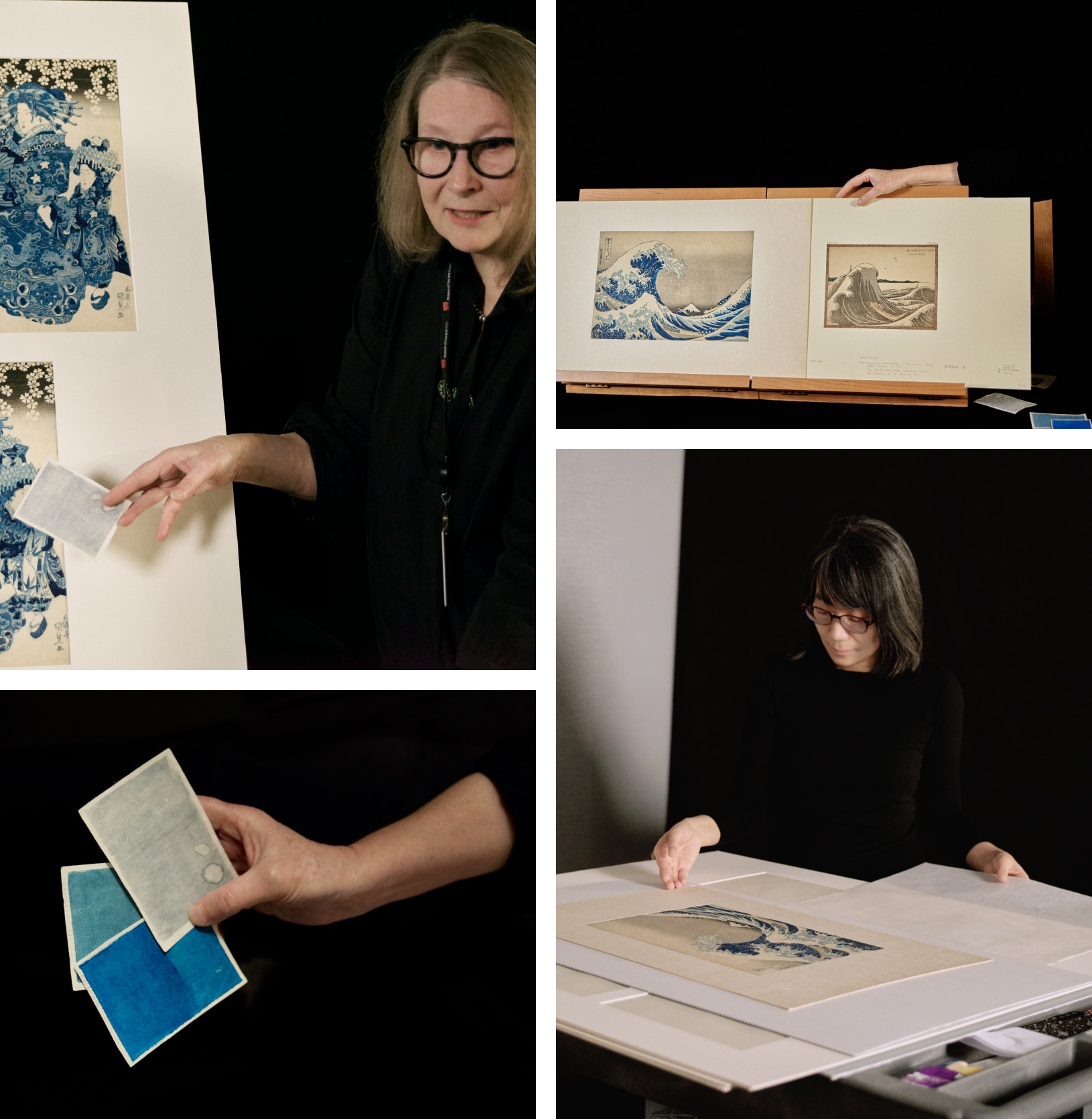左上：歌川国貞『藍摺遊女（あいずりゆうじょ）』シリーズを前に、修復師のジョーン・ライトさん。左下：（上から）青花、藍、プルシアンブルーの青色サンプル。右上：北斎の波の構図を並べると、大波の鮮やかなプルシアンブルーと青花のグレーがかったブルーの違いは歴然。右下：現在、保存修復と色素研究を率いるミチコ・アダチさん