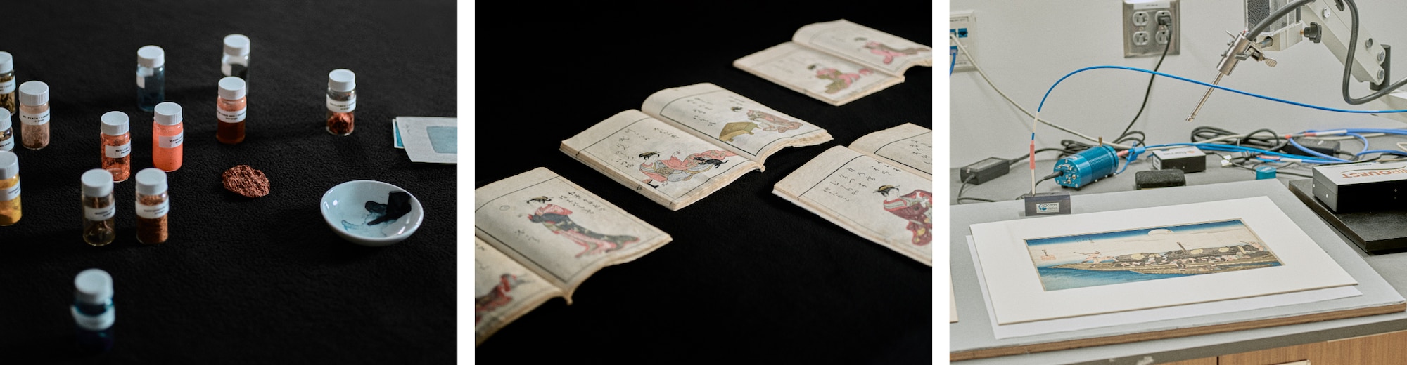 左：1999年に始まった浮世絵の色素研究の一環に、草木や鉱物を使っての素材再生がある。中央：最初に多色刷りを導入したとされる鈴木春信の『絵本青楼美人合』 右：館内併設の科学リサーチラボの分析技術のひとつ、ファイバーオプティックス反射分光法