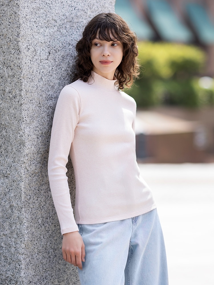 WOMEN リブハイネックT