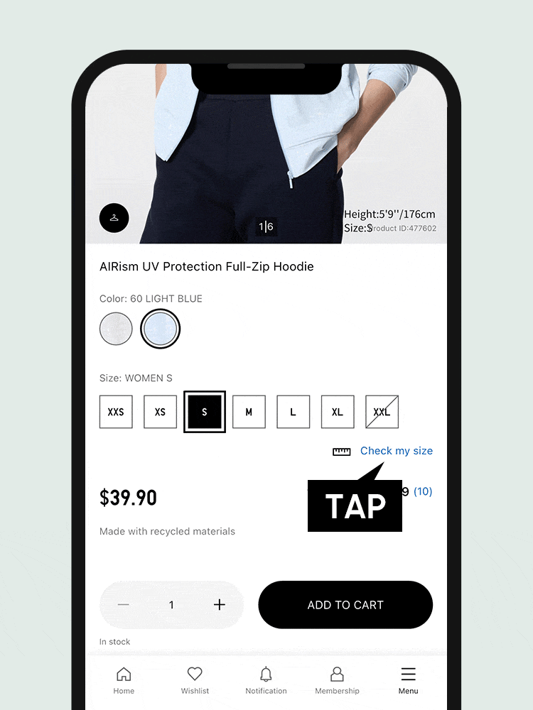 Tap on MySize ASSIST on the product page