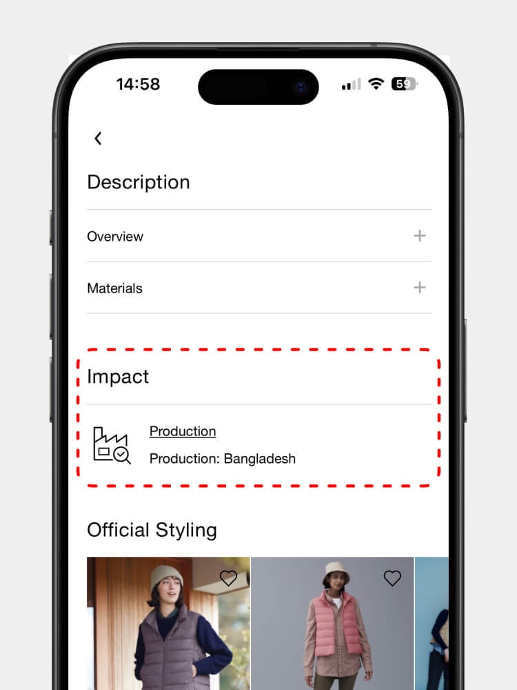 Scroll down to  "Impact" on the product page and tap on "Production".