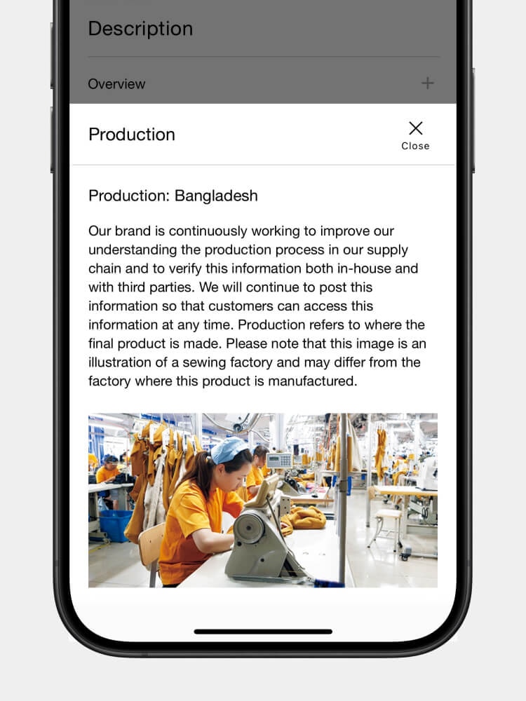 Tap on "Production" to see information about the location and factory where the product was made.