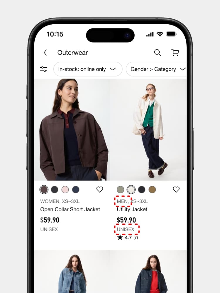 To make it clear whether a unisex item is available in men's or women's sizing, it is now labeled next to the sizes available, as well as being marked as 'unisex'.