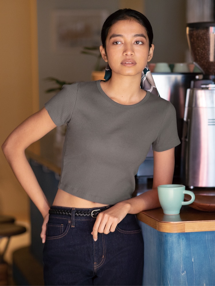 Cropped Short-sleeve Tee In Ribbed Cotton Jersey