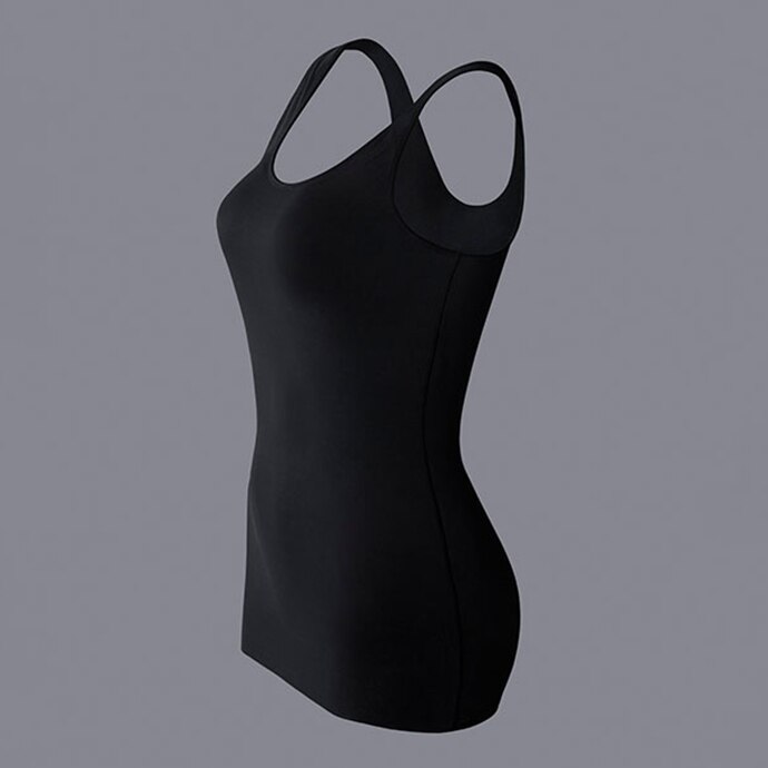 Updated design without bra cups. Applies compression in all the right places without losing the rounded shape of your bust when you wear a bra.