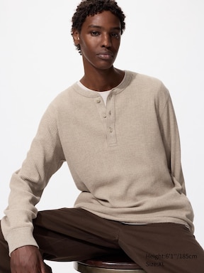 WAFFLE HENLEY NECK T-SHIRT LONG SLEEVE UNIQLO MY