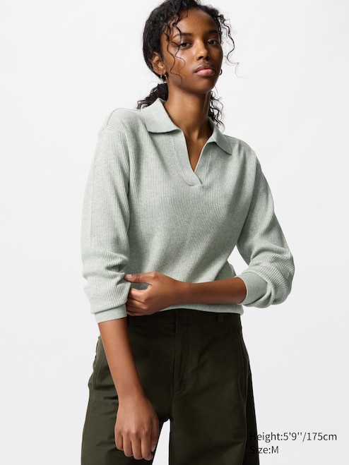 WOMEN'S WASHABLE KNIT RIBBED POLO SWEATER CO-ORD UNIQLO MY