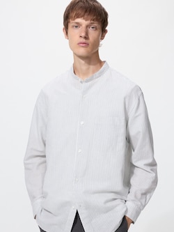 Cotton Linen Stand Collar Shirt | Long Sleeve | Stripe