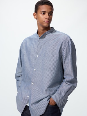Cotton Linen Stand Collar Shirt | Long Sleeve | Stripe