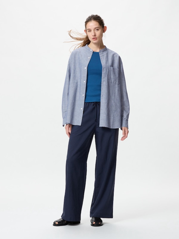 Cotton Linen Stand Collar Shirt | Long Sleeve | Stripe