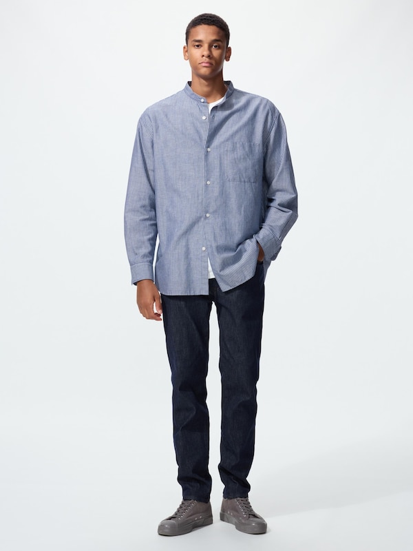 Cotton Linen Stand Collar Shirt | Long Sleeve | Stripe