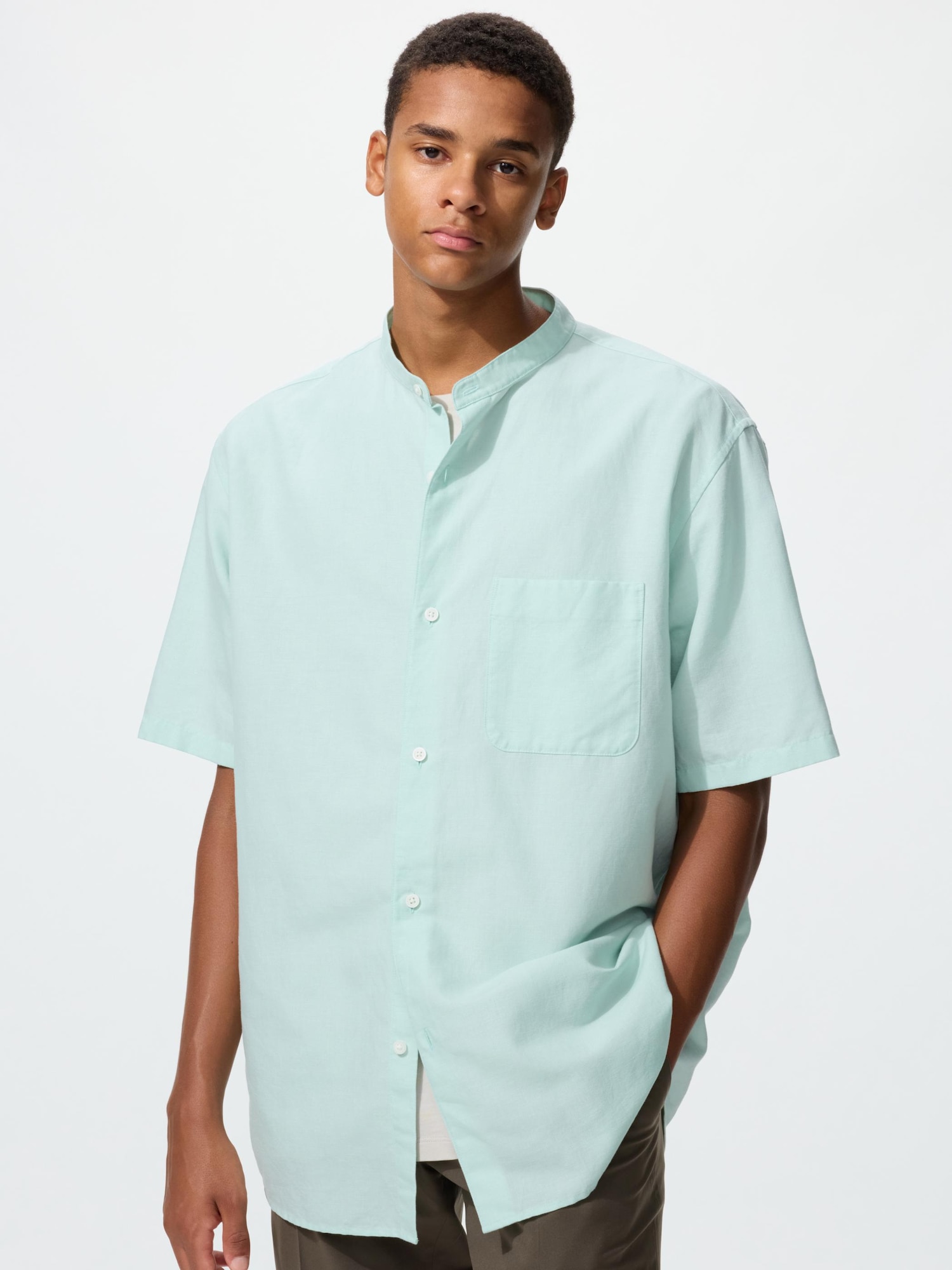 Cotton Linen Stand Collar Shirt | Short Sleeve
