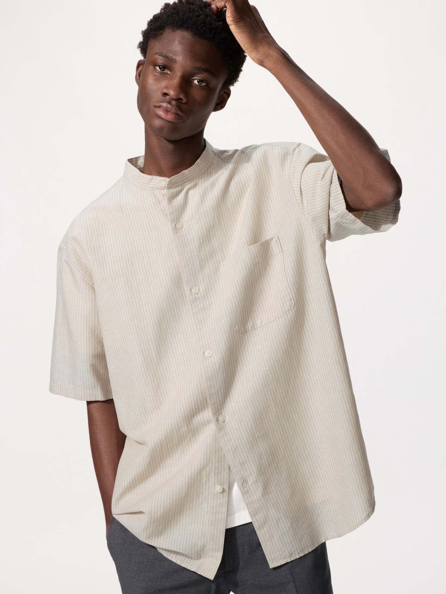 Cotton Linen Stand Collar Shirt | Short Sleeve | Stripe