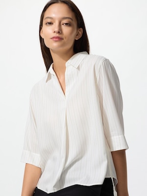 Rayon Skipper Collar Blouse | 3/4 Sleeve | Stripe