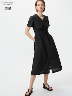 Linen Blend V Neck Dress Short Sleeve