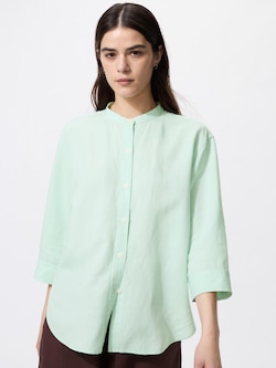 Linen Blend Band Collar Shirt | 3/4 Sleeve