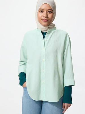 Linen Blend Band Collar Shirt | 3/4 Sleeve