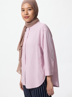 Linen Blend Band Collar Shirt | 3/4 Sleeve
