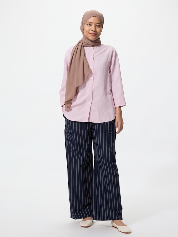 Linen Blend Band Collar Shirt | 3/4 Sleeve