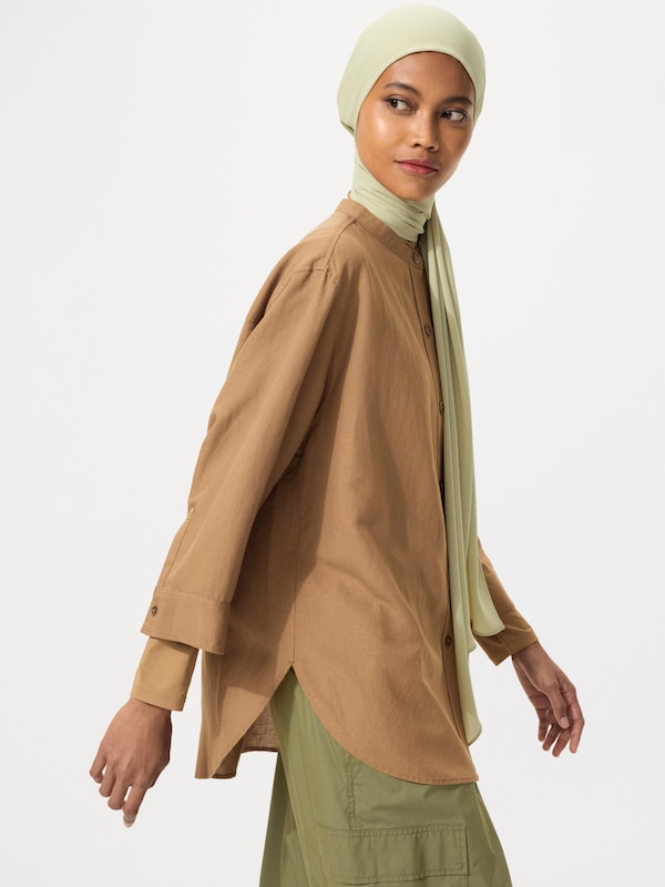 Linen Blend Band Collar Shirt | 3/4 Sleeve