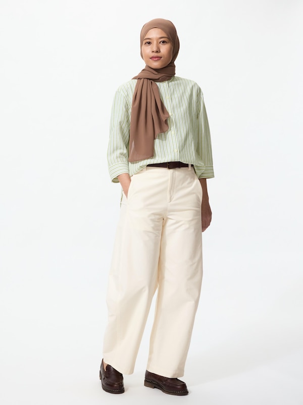 Linen Blend Band Collar Shirt | 3/4 Sleeve | Stripe