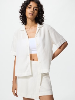 Linen Blend Open Collar Shirt | Short Sleeve