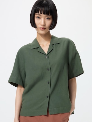 Linen Blend Open Collar Shirt | Short Sleeve