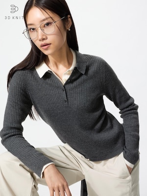 3D Knit Merino Blend Ribbed Polo Sweater