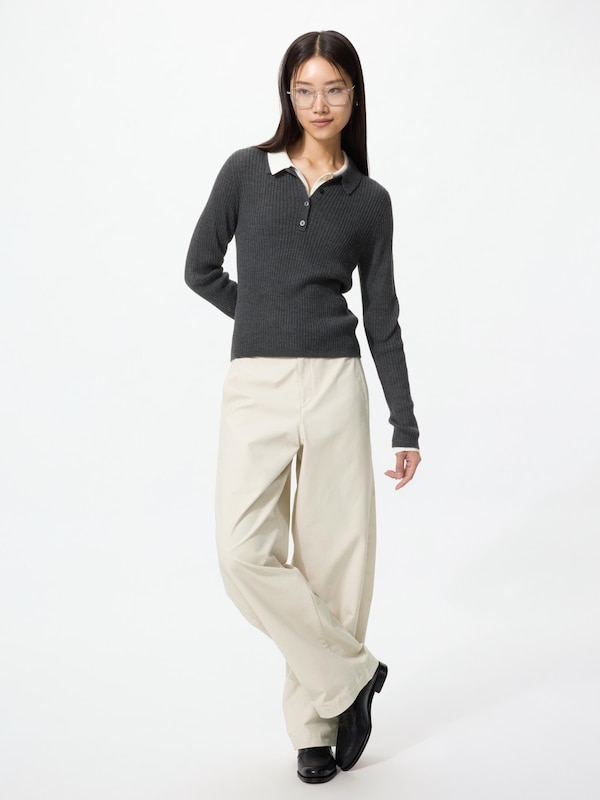 3D Knit Merino Blend Ribbed Polo Sweater
