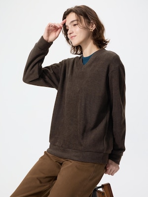 Ribbed Knitted Fleece V Neck T-Shirt | Long Sleeve