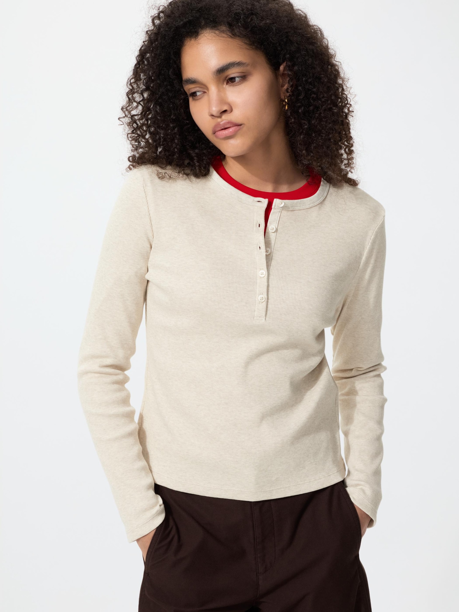 Ribbed Henley Neck T-shirt | Long Sleeve