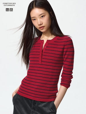 Merino Blend Henley Neck Sweater | Stripe