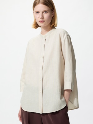 Linen Blend Band Collar Shirt 3/4 Sleeve