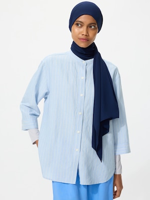 Linen Blend Band Collar Shirt | 3/4 Sleeve | Stripe
