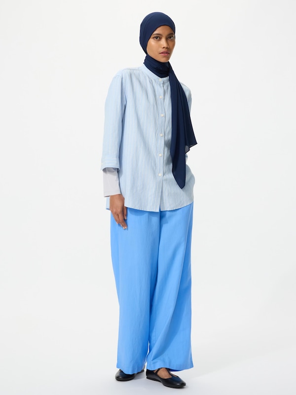 Linen Blend Band Collar Shirt 3/4 Sleeve