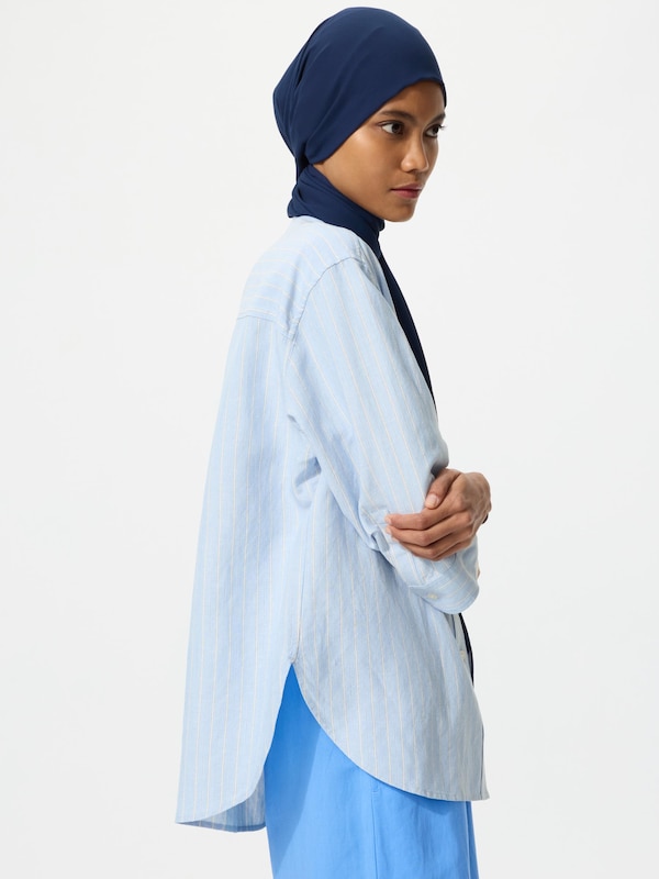 Linen Blend Band Collar Shirt 3/4 Sleeve