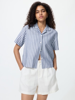 Linen Blend Open Collar Shirt | Short Sleeve | Stripe