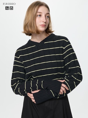 3D Knit V Neck Sweater Striped