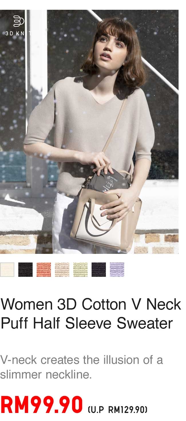 WOMEN 3D COTTON V NECK PUFF HALF SLEEVE SWEATER