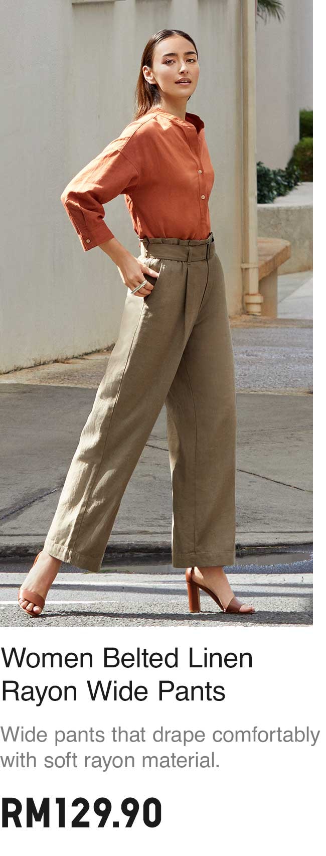 BELTED LINENRAYON WIDE PANTS