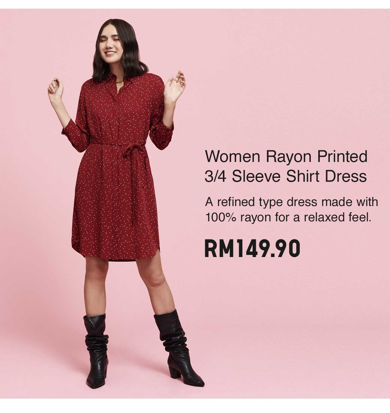 WOMEN RAYON PRINTED 3/4 SLEEVE SHIRT DRESS