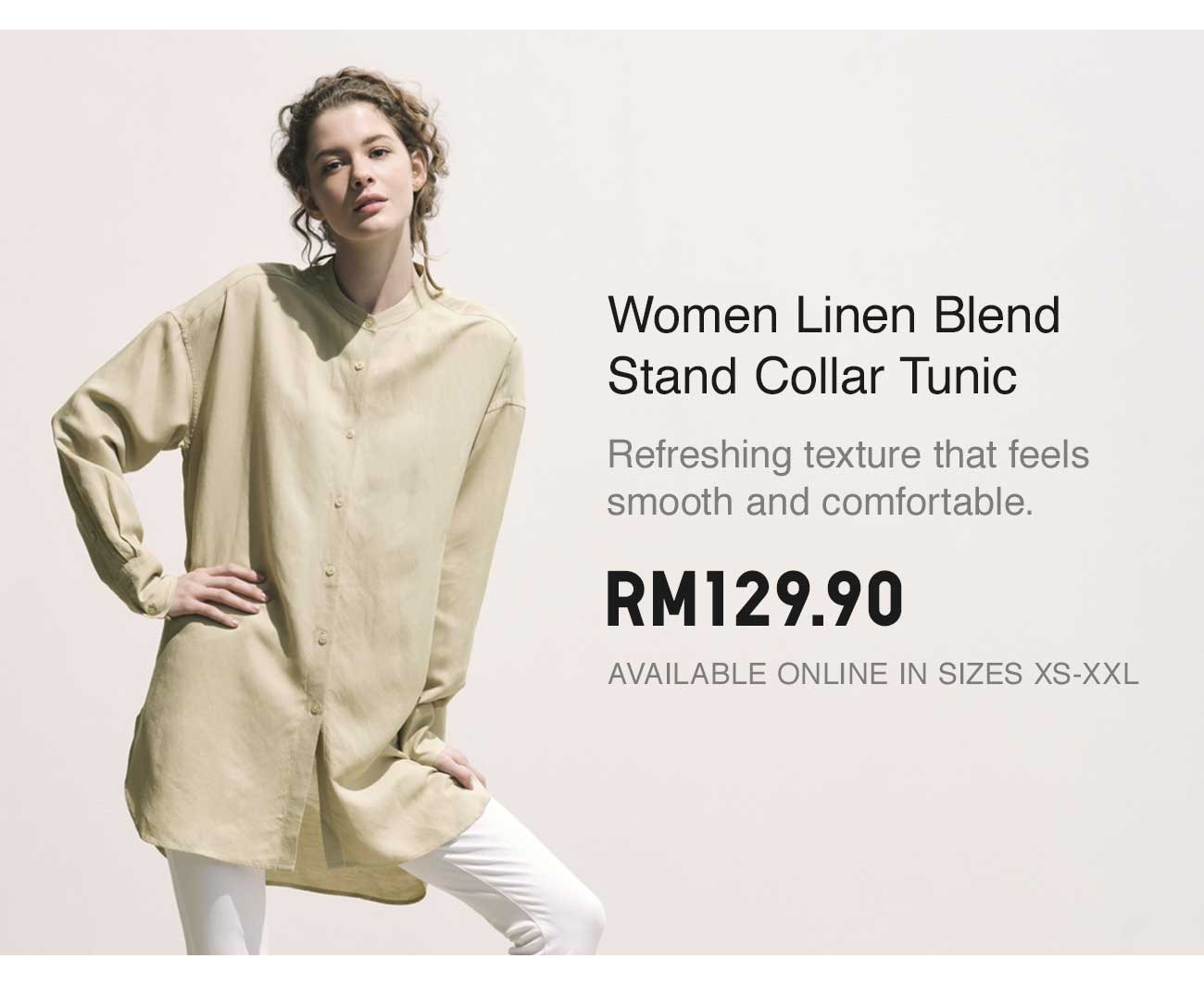 WOMEN LINEN BLEND STAND COLLAR TUNIC