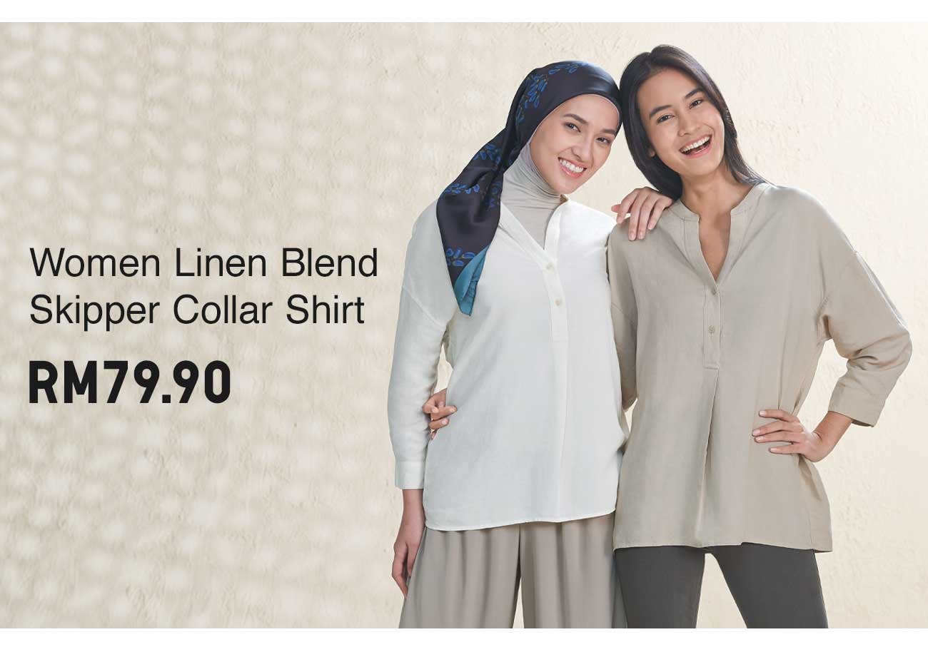 WOMEN LINEN BLEND SKIPPER COLLAR SHIRT