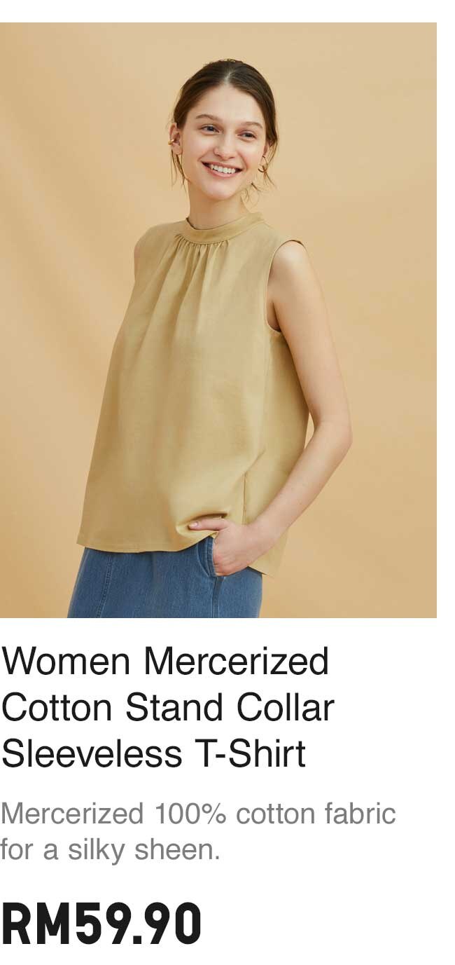 WOMEN MERCERIZED COTTON STAND COLLAR SLEEVELESS T-SHIRT