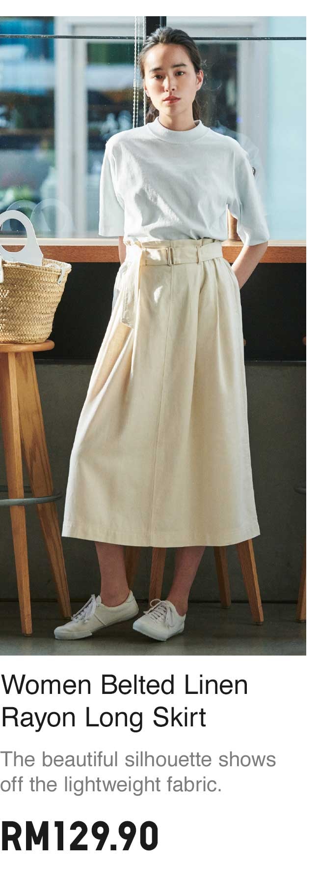 WOMEN BELTED LINEN RAYON LONG SKIRT