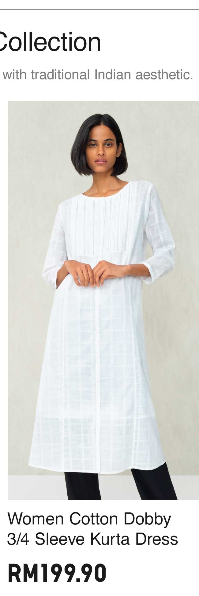 WOMEN COTTON DOBBY 3/4 SLEEVE KURTA DRESS