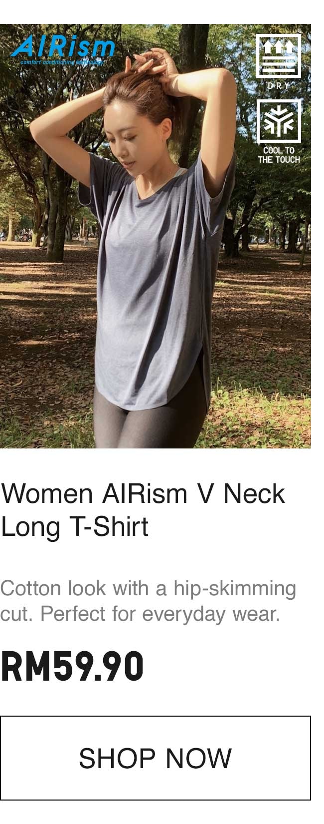 WOMEN AIRISM V NECK LONG T-SHIRT