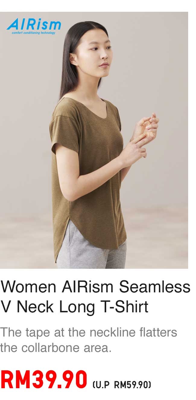 WOMEN AIRISM SEAMLESS V NECK LONG T-SHIRT